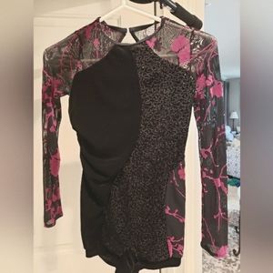 Weissman Performance Dancewear leotard, velvet black, purple flower sleeves CL